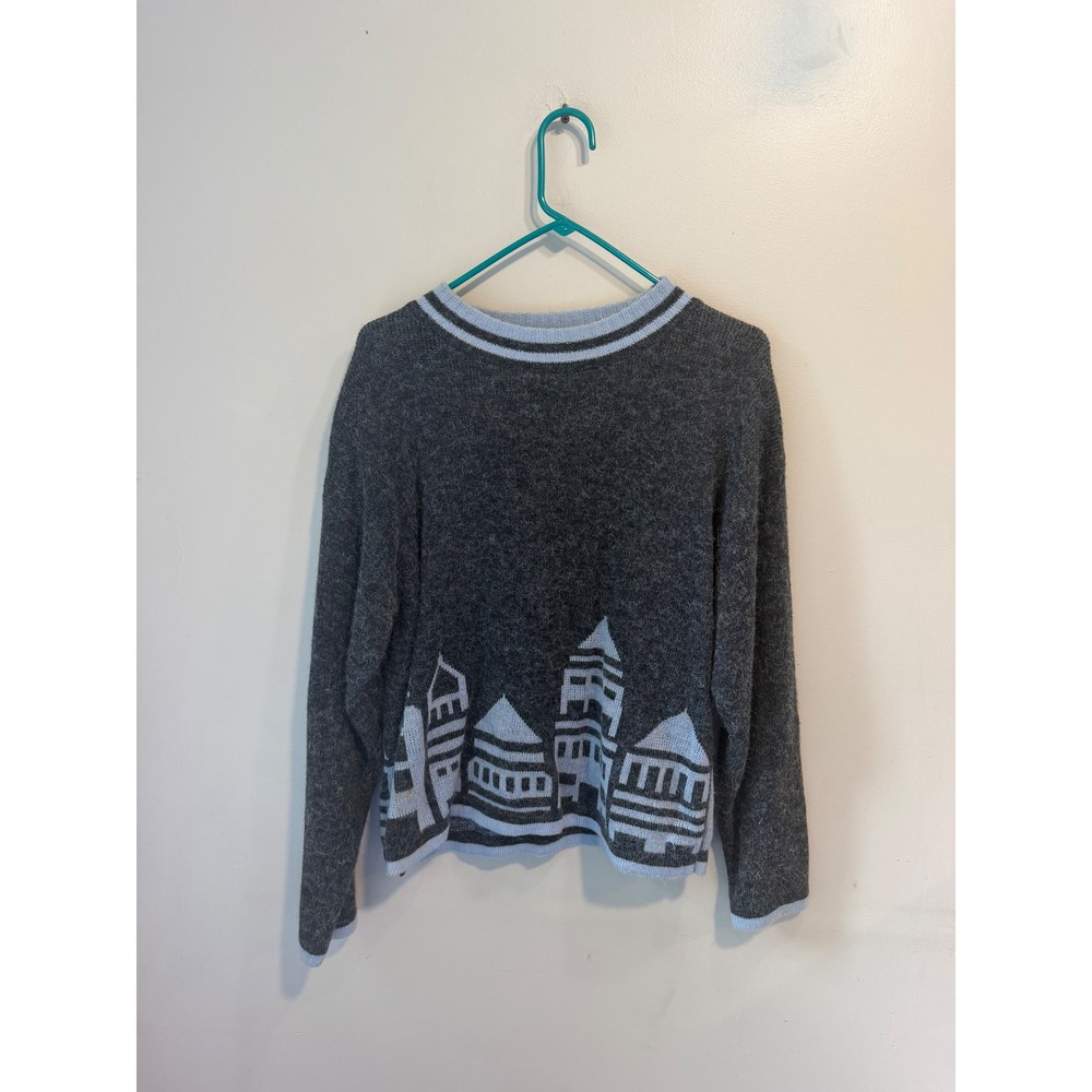 Sweater Bee Vintage Gray Blue House Village Intarsia Knit Sweater Women Medium